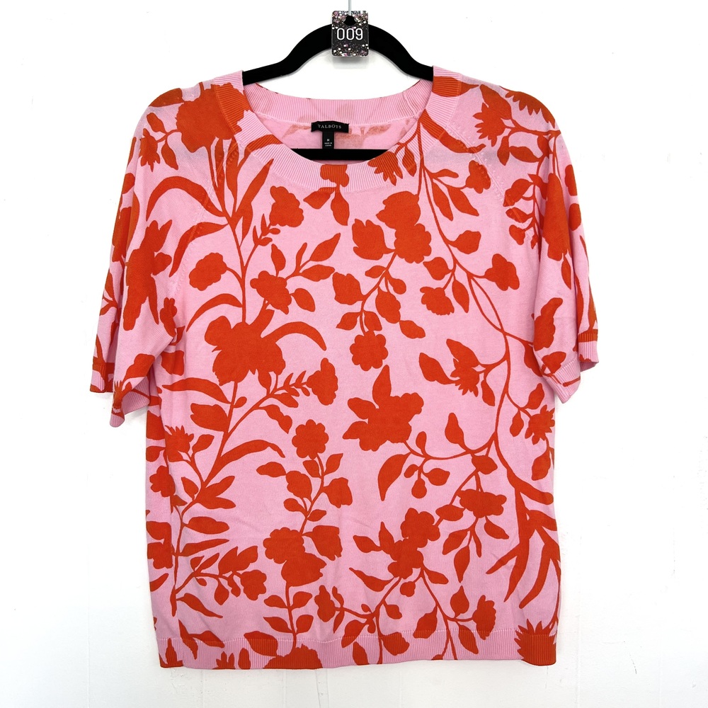 Talbots Pink Short-Sleeve Sweater Top with Red Floral Motif